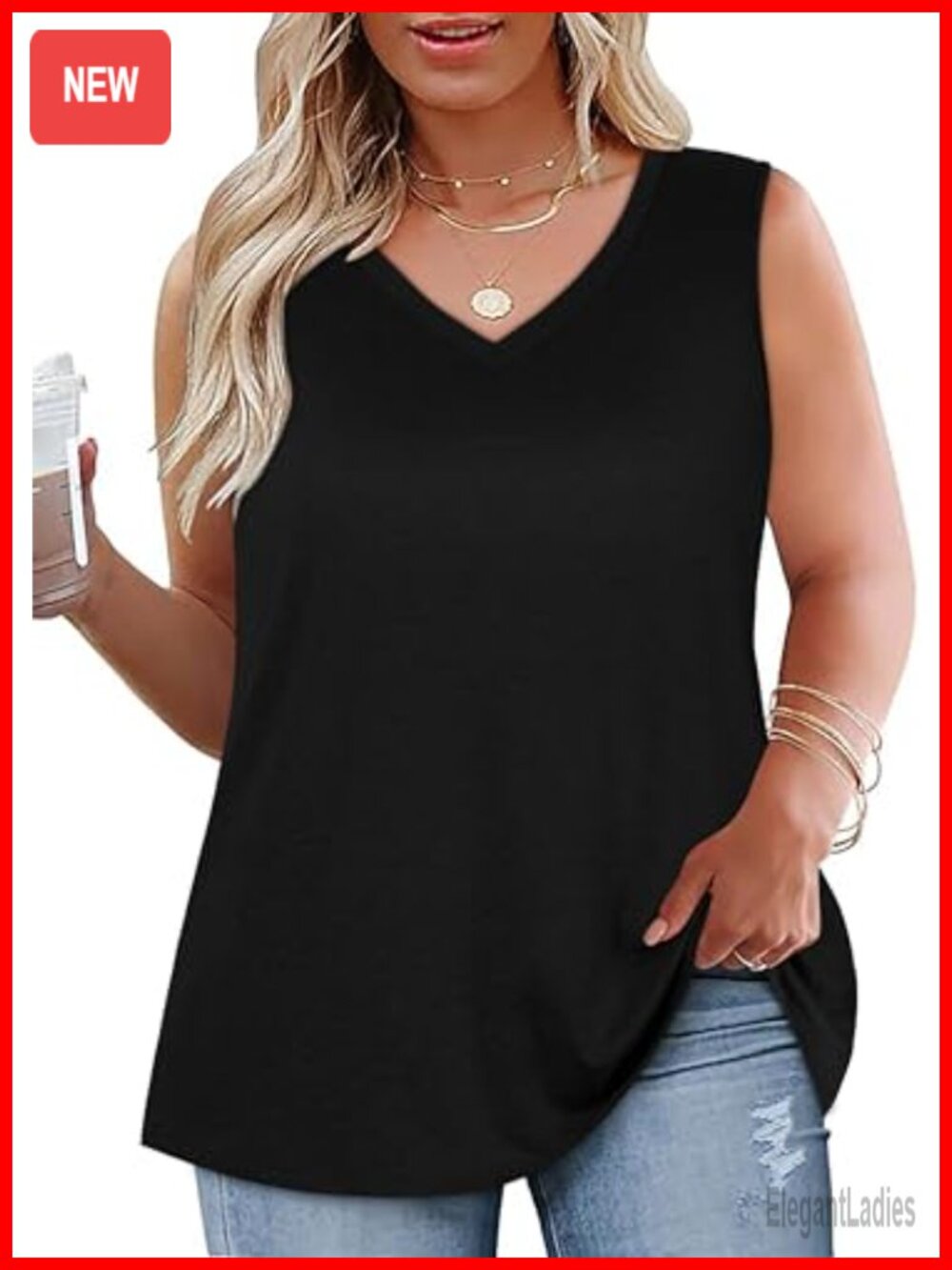 Plus Size V Neck Sleeveless Tank Top Loose Fit Cotton Blend Summer Tee